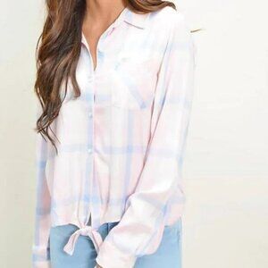 Sanctuary Blue Pink Brushed Soft Plaid Flannel Boyfriend Tie Waist Shirt Top M